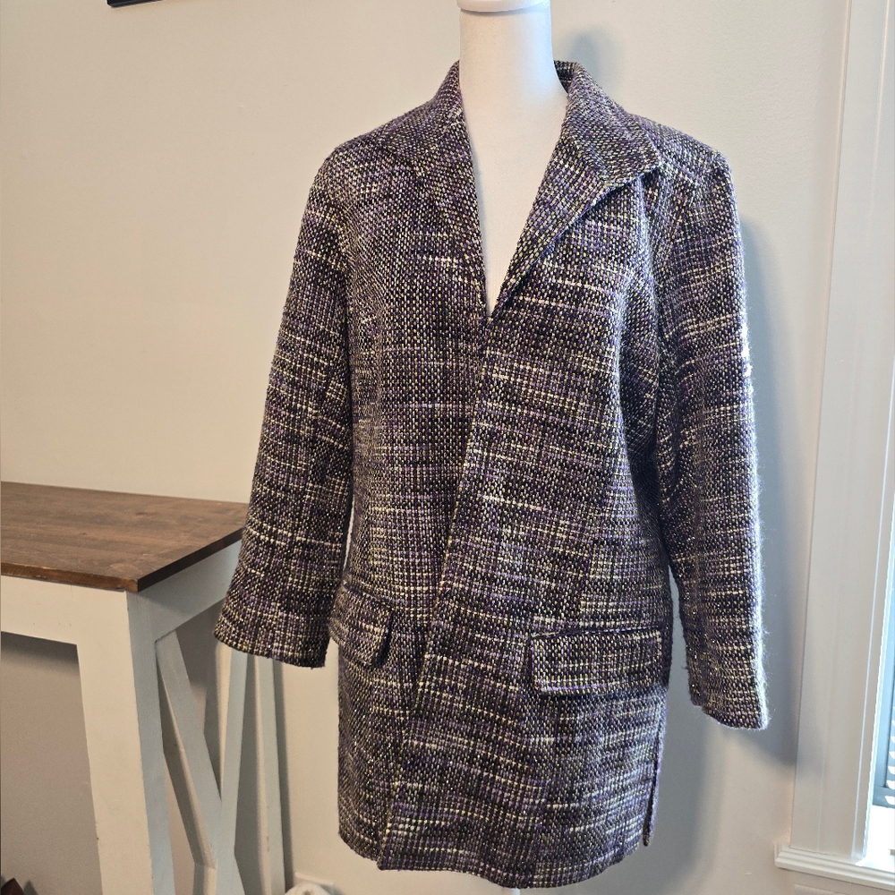 Chico's Plum Chartreuese Metallic Tweed Oversized Blazer Women's Size 8 - Picture 1 of 6